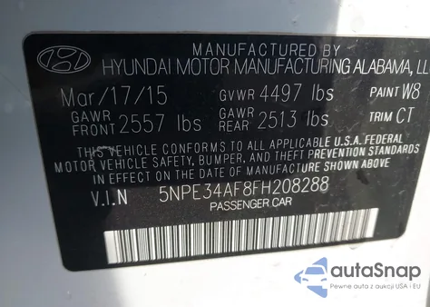 2015 Hyundai Sonata Sport z USA, uszkodzony, nr VIN 5NPE34AF8FH208288